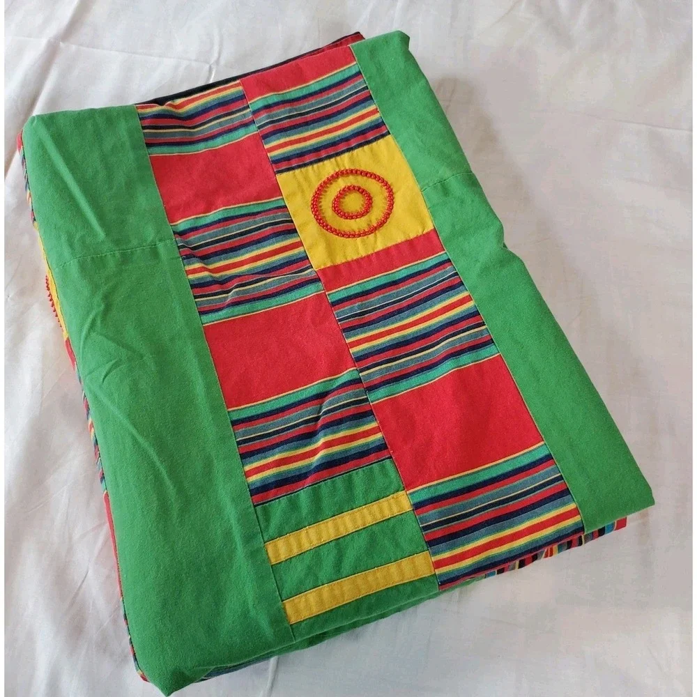 Block Square‎ Quilt Colorful Homemade 55X50 Patchwork Beading Africa Vibes